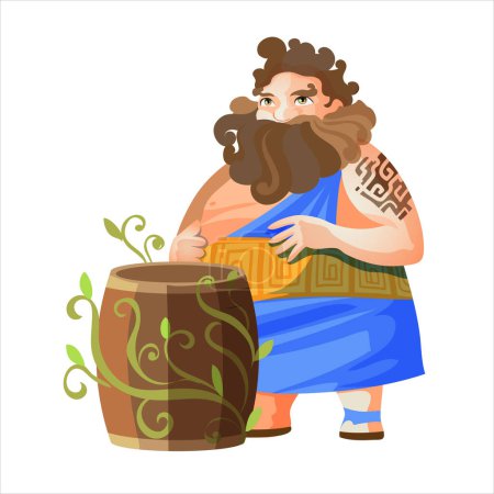 Illustration for Dionysus, ancient Greek god of wine. Ancient Greece mythology. Fat man with a barrel of wine. Flat vector illustration. Isolated on white background. - Royalty Free Image