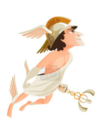Illustration for Hermes or Mercury - deity of trade, commerce and merchants of Greek and Roman pantheon, messenger of Olympian gods. Male mythical character wearing winged helmet. Flat cartoon vector illustration. - Royalty Free Image