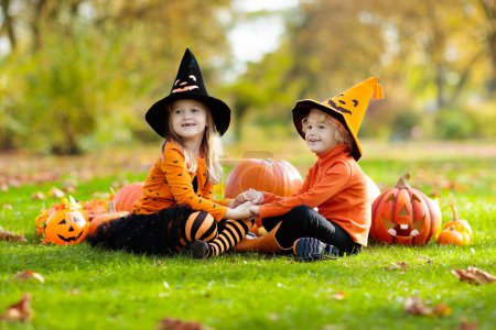 Téléchargez les photos : Trucs ou friandises pour enfants à Halloween. Les enfants en costume de sorcière noir et orange et chapeau jouent avec la citrouille et l'araignée dans le parc d'automne. Habillé garçon et fille en plein air. Plaisir familial en automne. - en image libre de droit