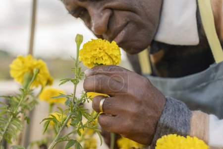senior farmer man smelling flowers