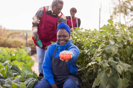 Foto de Mujer joven sonriente ofrece un tomate con miembros de la familia jardinería en el fondo. - Imagen libre de derechos
