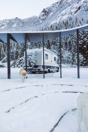 Foto de Una caravana está enclavada en un bosque de invierno, con huskies disfrutando de los prístinos alrededores nevados. - Imagen libre de derechos