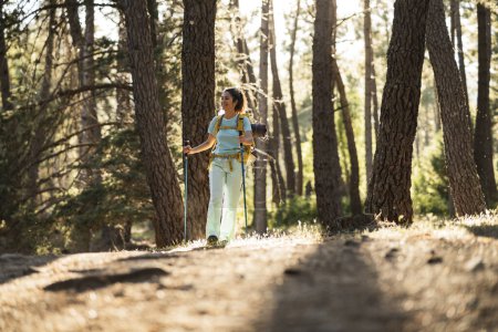 Eine lächelnde junge Frau in Wanderausrüstung genießt die goldenen Sonnenstrahlen, während sie durch einen kiefernbedeckten Waldweg wandert.