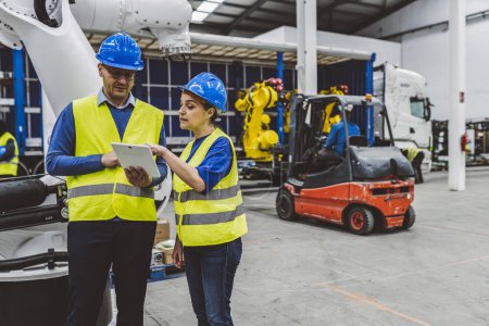Two engineers in safety gear reviewing plans on a tablet in an industrial factory, forklift in background.