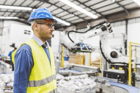 Ingenieur in Schutzausrüstung beobachtet die automatisierte Fertigungslinie in einer Industriefabrik.