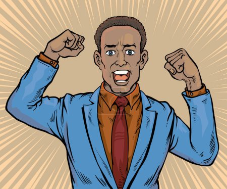Photo for The young black businessman was excited and surprised. He opened his eyes wide and shouted loudly.Hand drawn style vector design illustration. Retro pop art. - Royalty Free Image
