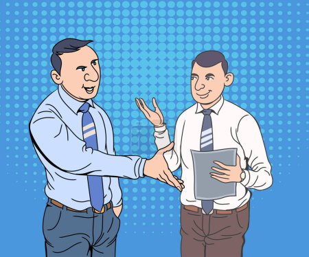 Photo for Two business men discussing and assign new tasks to do. Hand drawn  vector design illustration. - Royalty Free Image