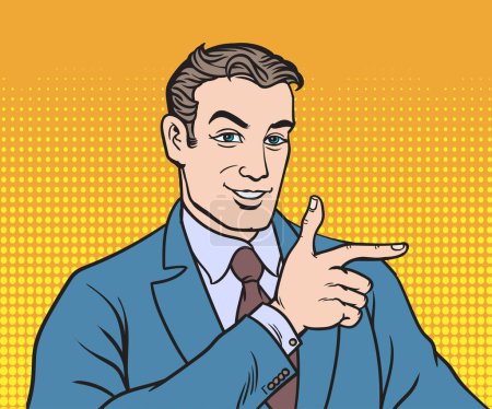 Photo for Emotional illustration businessman pointing his finger to the side. pop art retro hand drawn style vector design. - Royalty Free Image