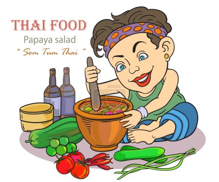 Photo for Young women cooking Thai food papaya salad. Pop art retro illustration comic Style Vector, Separate images of people from the background. - Royalty Free Image