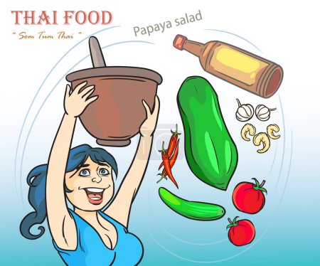Photo for Woman lifting a mortar, papaya salad cooking equipment with her two hands. Pop art retro illustration comic Style Vector, Separate images of people from the background. - Royalty Free Image