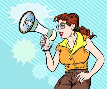 Photo for Woman speaking into a megaphone He wanted others to hear clearly. pop art style hand drawn vector design illustration - Royalty Free Image