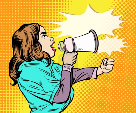 Photo for Woman speaking into a megaphone He wanted others to hear clearly. pop art style hand drawn vector design illustration - Royalty Free Image