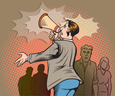 Photo for Man speaking into a megaphone He wanted others to be able to hear clearly. pop art retro hand drawn style vector design illustration. - Royalty Free Image