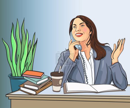 Photo for Woman sitting and talking on the phone at a desk with documents, stacks of books. Pop art hand drawn style vector design illustrations. - Royalty Free Image