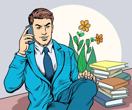 Photo for Man sitting with his back to his desk while talking on the phone.Pop art hand drawn style vector design illustrations. - Royalty Free Image