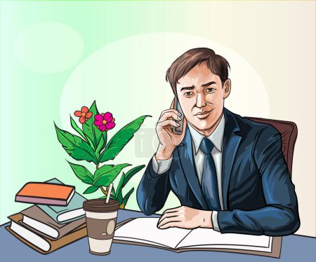 Photo for The man was sitting at a table with stacks of books, coffee and small potted plants on the table. He was checking documents and talking on the phone. Pop art hand drawn style vector design illustrations. - Royalty Free Image