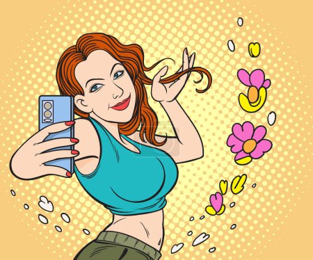 Photo for Selfie, A young woman uses a mobile phone to take pictures of herself. Pop art hand drawn style vector design illustrations. - Royalty Free Image