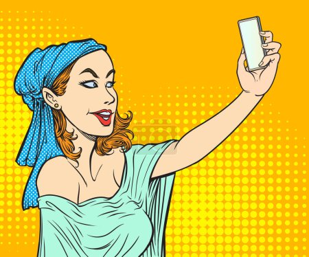 Photo for Selfie, A young woman uses a mobile phone to take pictures of herself. Pop art hand drawn style vector design illustrations. - Royalty Free Image