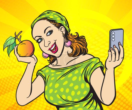 Photo for Selfie, A woman uses a mobile phone to take pictures of herself with fruit. Pop art hand drawn style vector design illustrations. - Royalty Free Image