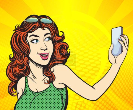 Photo for Selfie, A young woman uses a mobile phone to take pictures of herself. Pop art hand drawn style vector design illustrations - Royalty Free Image