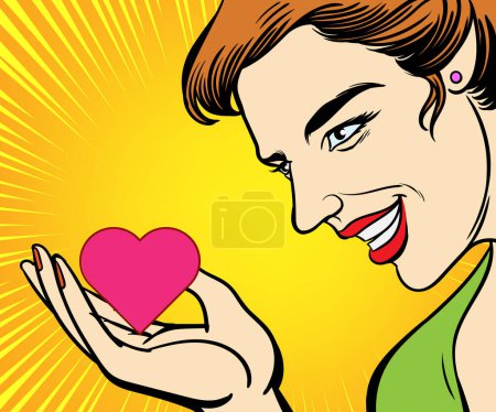 Photo for Happy woman in a good mood. She smiles and looks at the heart shape in her hand. Pop art retro hand drawn style vector design illustrations. - Royalty Free Image