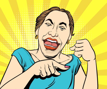 Photo for Happy woman in good mood She laughed and pointed the fingers of both hands to the side. Pop art retro hand drawn style vector design illustrations. - Royalty Free Image