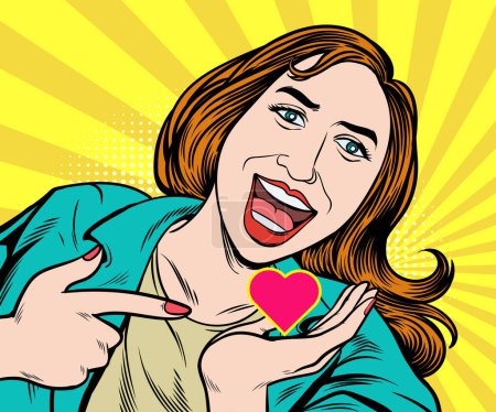 Photo for Happy woman in good mood, she laughs and points heart shape in hand. Pop art retro hand drawn style vector design illustrations. - Royalty Free Image