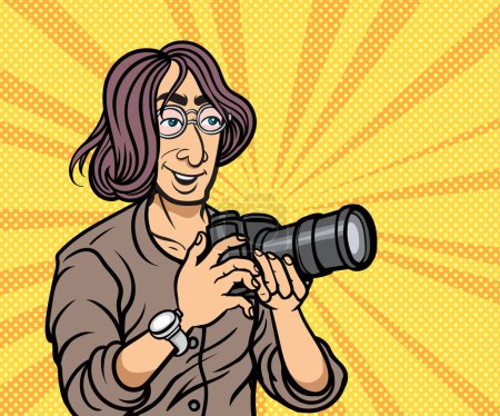 Photo for Photographer, man holding a camera preparing to record a photo. Pop art hand drawn style vector design illustrations. - Royalty Free Image