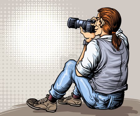 Photo for Photographer back view, man holding camera sitting and taking pictures. Illustration in retro vector hand drawn style. - Royalty Free Image