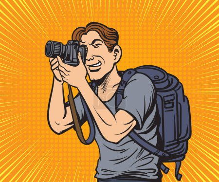 Photo for Photographer, man holding a camera preparing to record a photo. Pop art hand drawn style vector design illustrations. - Royalty Free Image