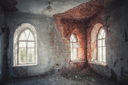 Photo for Abandoned interior with stained glass windows and shabby walls - Royalty Free Image