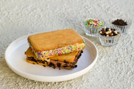 Téléchargez les photos : Sandwich crème glacée décorée avec des bonbons colorés est conçu dans une assiette blanche. - en image libre de droit