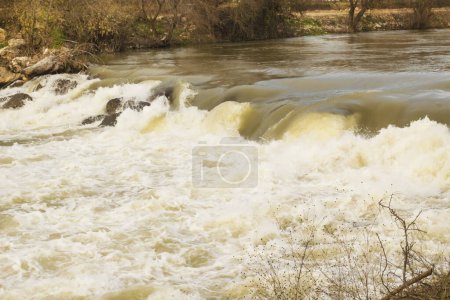 Téléchargez les photos : Une rivière mousseuse à écoulement rapide en automne, prise de près - en image libre de droit