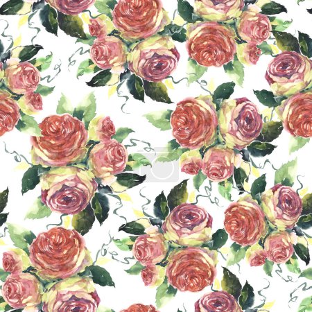 Téléchargez les photos : Bouquet jardin roses avec des feuilles peinture à l'aquarelle sur fond blanc. Motif floral sans couture pour les décorations textiles et papiers. - en image libre de droit