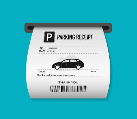 Ilustración de Parking ticket for car. Paper receipt in pay machine on exit. Pos terminal before barrier, for payment of bill or tax. Icon of invoice for park zone. Vector. - Imagen libre de derechos
