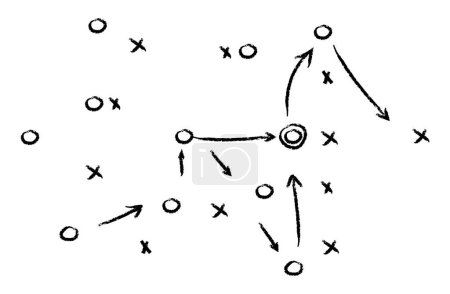 Strategy game plan. Tactic for soccer. Scheme for training of football team. Sport illustration on blackboard. Playbook of coach. Strategic organization on field for learning. Vector.