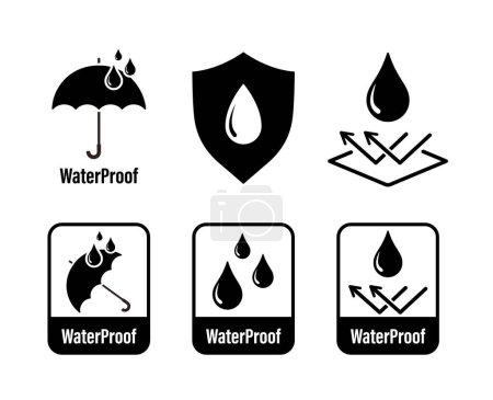 Ilustración de Conjunto de iconos resistentes e impermeables. Signos de agua reflejada. Colección de signos de protección de superficies. Escudo con gota de agua. vector - Imagen libre de derechos