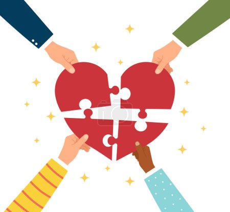 Illustration for Concept of community charity, volunteer's donations. Several friends hold pieces of puzzle heart in their hands. Empathy, compassion and support other. vector - Royalty Free Image
