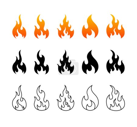 Ilustración de Fuego icono de la llama. Conjunto de elemento rojo ardiente caliente. Forma negra simple de fogata. Símbolo de energía térmica, señal de advertencia inflamable. Un derrame cerebral. vector - Imagen libre de derechos