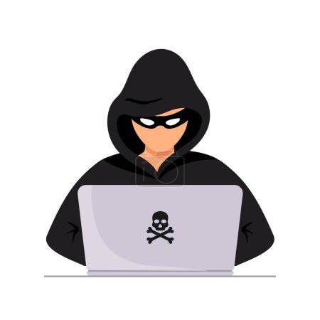 Illustration for Spy agent searching in the laptop. Hacker attack, cyber criminal. Disguised black thief with computer stealing user personal identity data. vector illustration - Royalty Free Image