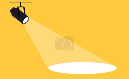 Proyector plano sobre fondo amarillo. Proyector colgante para póster publicitario. Iluminación de lámpara negra con espacio vacío. vector