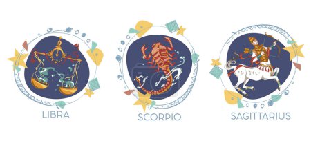 Astrological symbols on white background - Libra, Scorpio, Sagittarius