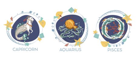 Símbolos astrológicos sobre fondo blanco - Capricornio, Acuario, Piscis