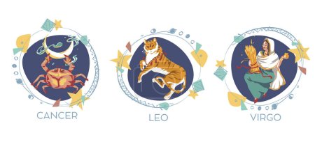 Téléchargez les photos : Symboles astrologiques sur fond blanc Cancer, Lion, Vierge - en image libre de droit
