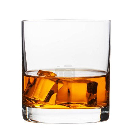 Elegant glass of whiskey with ice cubes isolated on white background with clipping path