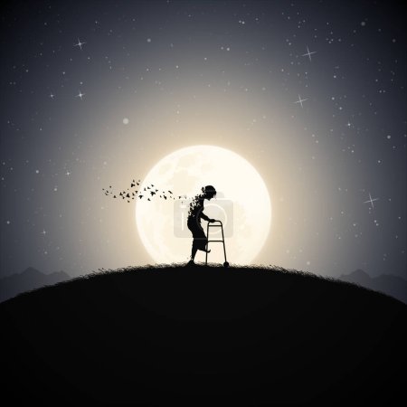 Téléchargez les illustrations : Old woman with walker. Death and afterlife. Full moon silhouette - en licence libre de droit