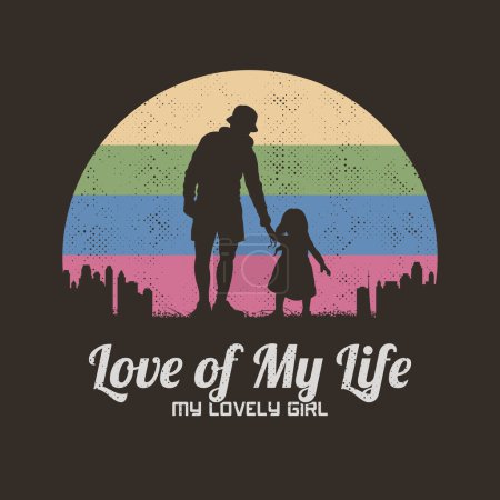  Father and daughter outdoor. Family silhouette. Retro vintage t-shirt
