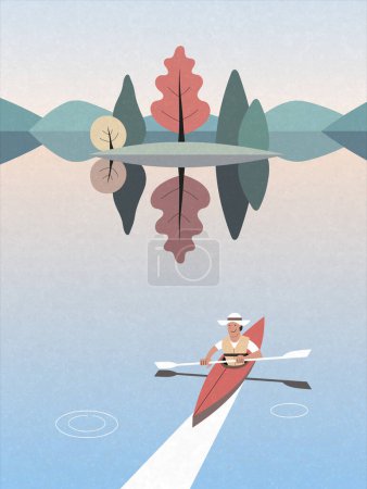 Ilustración de Un hombre navegando en kayak. Paisaje con lago de montaña y árboles abstractos - Imagen libre de derechos