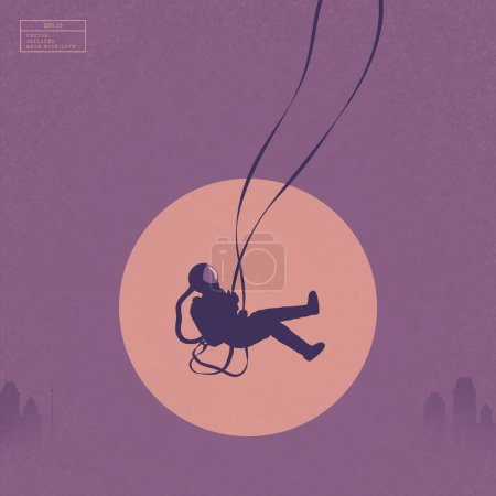 Illustration for Astronaut on swing. Cosmonaut silhouette. City in fog and evening sun - Royalty Free Image