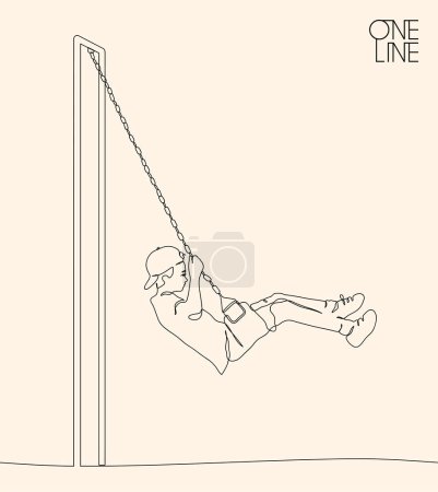 Illustration for Boy on swing outline. Linear child silhouette. Continuous single line - Royalty Free Image
